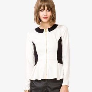 Black and White Peplum Jacket With Gold Zipper
