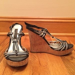 Nina Black and Silver Strap Wedges