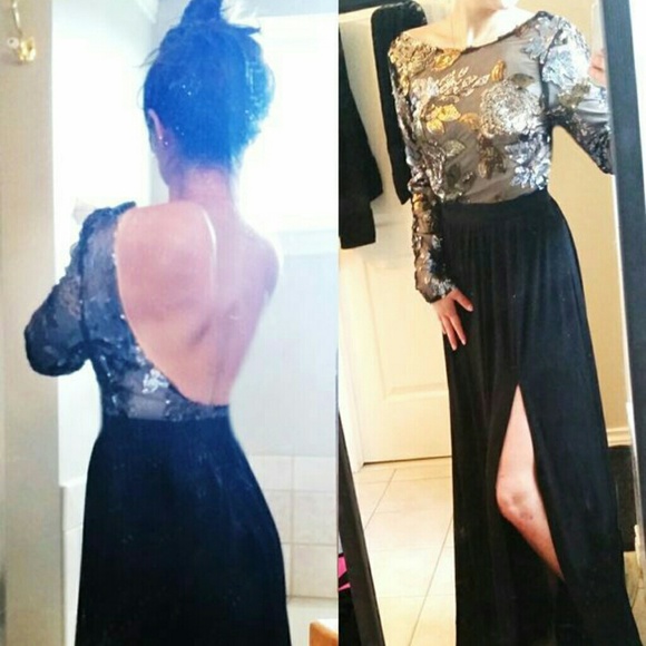 SOLD!! Backless Black Gold Floral Sequin Dress
