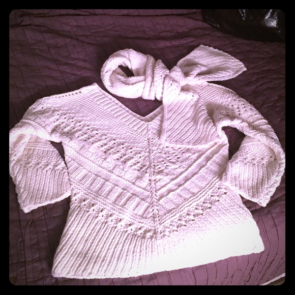Beautiful White Sweater & Scarf - Hand Knit