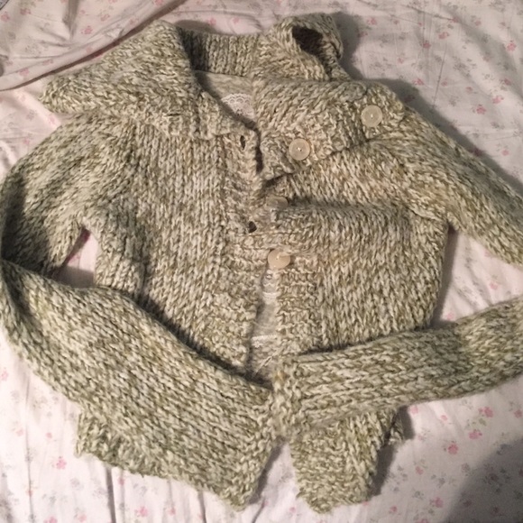 Green free people sweater button up lace inside