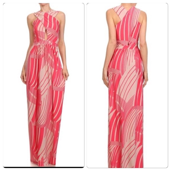 Pink Abstract criss-cross bust full length dress. - Picture 1 of 1
