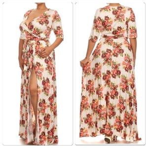 White floral slit full length dress. (Plus size)