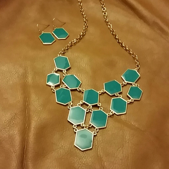 Geometric teal and gold necklace & earrings