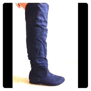 Above knee blue suede boots