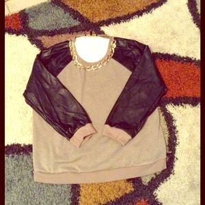 Oversized Leather Sleeved Sweatshirt