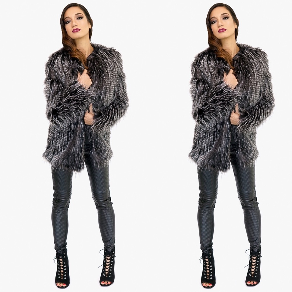BLACK/GREY STRIPED FUR COAT - Picture 6 of 6