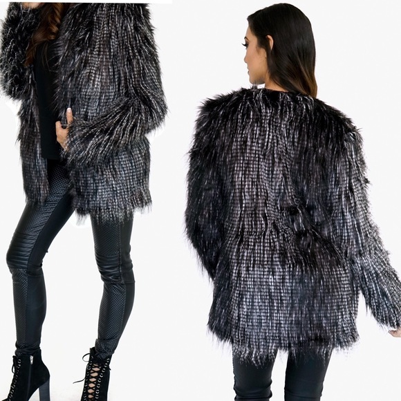 BLACK/GREY STRIPED FUR COAT - Picture 2 of 6