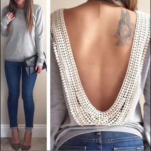 Grey Open Back Long Sleeve Blouse