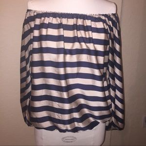 Too cute! Navy & Tan striped silky versatile top