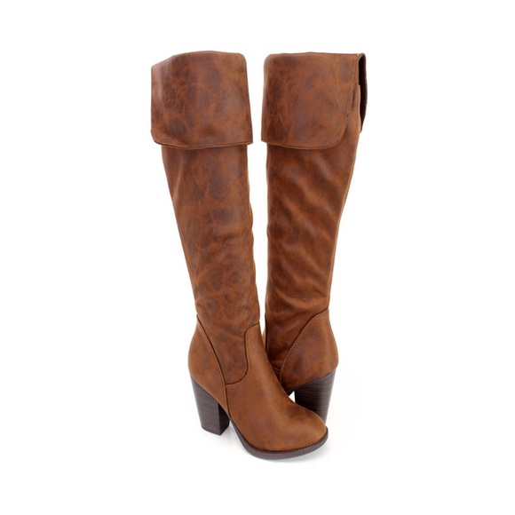 Brown Chunky Heels Thigh High Boots
