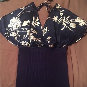 Navy blue and white silk blouse
