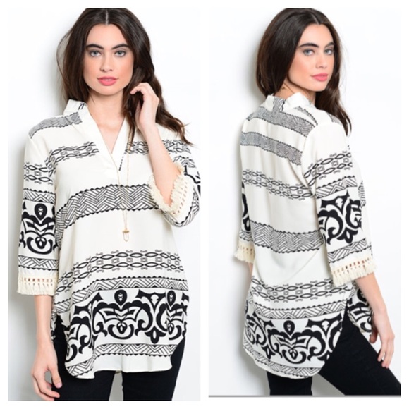 Boutique Tops - LAST ONE! B&W fringe blouse