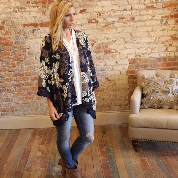 Jackets & Blazers - Navy floral with lace trim kimono