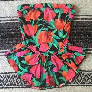 Vintage Strapless Tulip Print Ruffle One-Piece