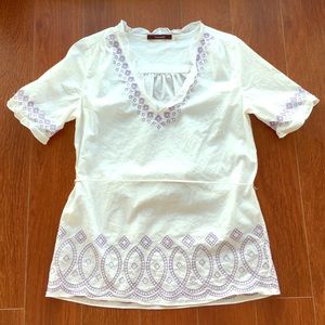 Tahari white top with purple stitching and tie