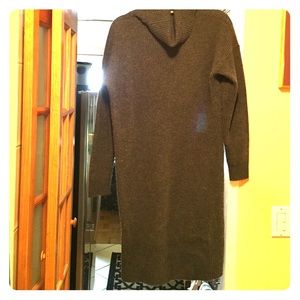 Grey merino wool ribbed cowl neck dress.