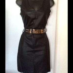 SOLD! Black belted faux leather dress size L