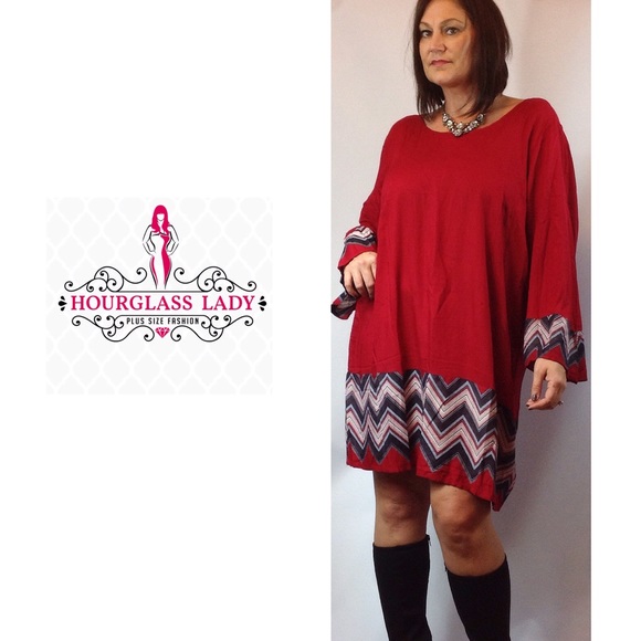 Hourglass Lady Dresses & Skirts - PLUS 2X❤️Deep Red Chevron Bell Sleeve Shift Dress