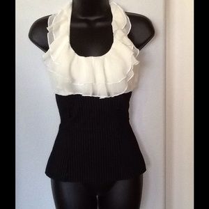 SOLD! Ruffled halter top with pinstripe bottom S
