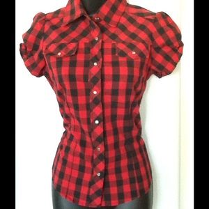 SOLD!! Black and red plaid button up blouse size S
