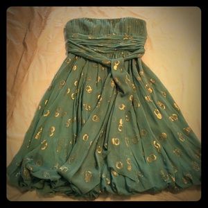 BCBG teal and gold strapless dress