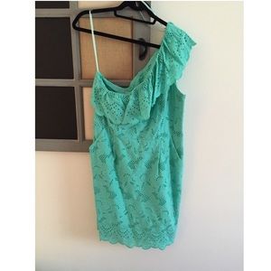 Eliza J one shoulder eyelet teal dress