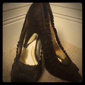 Brown satin high heel shoes