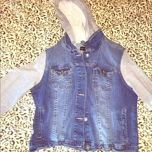 Jean jacket with sweatshirt sleeves & hood!