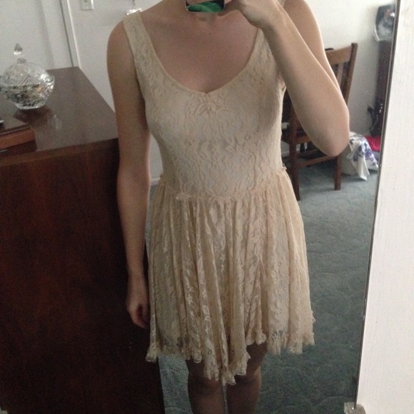 Tan lace mini dress
