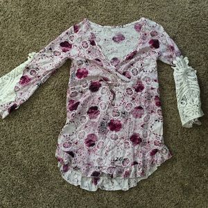 Purple V Neck Long Sleeve Hollow Lace Dress