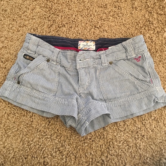 blue and white pinstripe cotton short