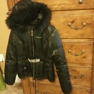 Bebe black puffer coat with rhinestone belt