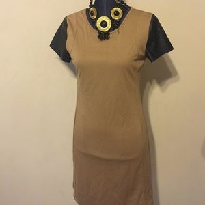 Tan knit dress w/black faux leather short sleeves