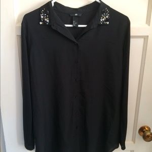 H&M Embellished Black Button-Down Blouse
