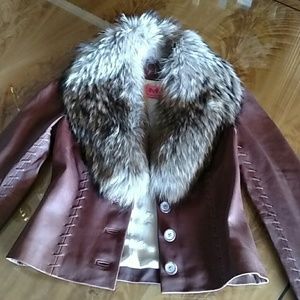 Juicy Couture brown leather jacket w/ real fur