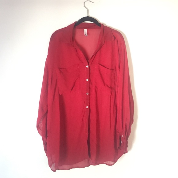 American apparel red chiffon button up O/S