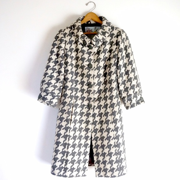 Anthropologie "greybar" grey houndstooth wool coat