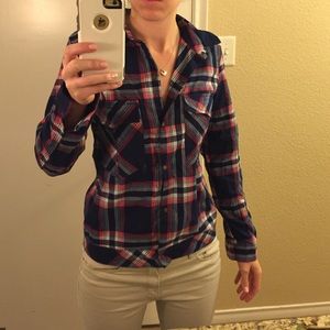 Red white and blue plaid button up