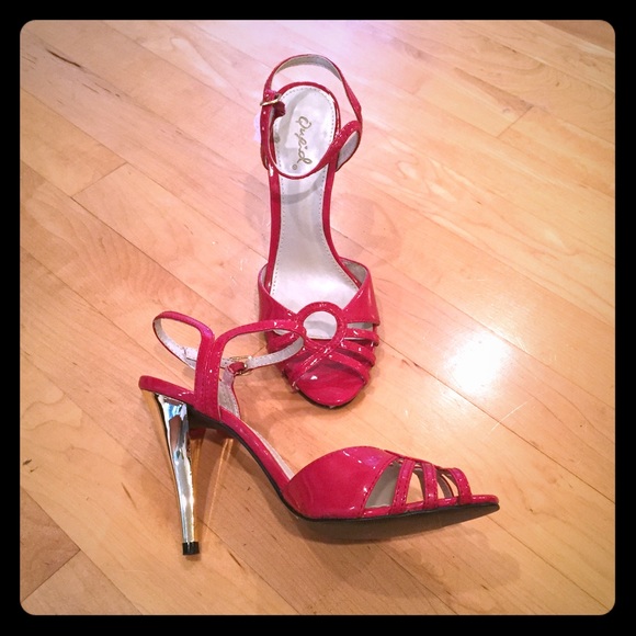 Red Faux Patent Leather Gold Heels