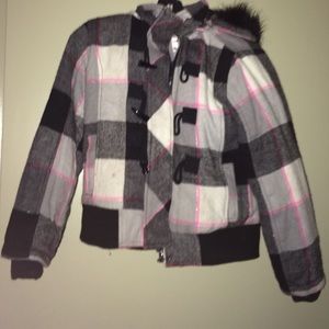 black, white, and pink jacket with hood:)