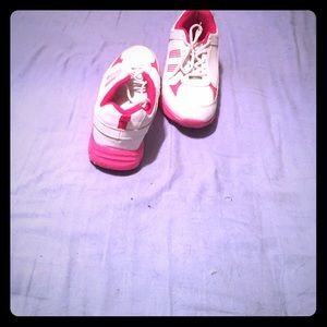 Pink and white sneakers