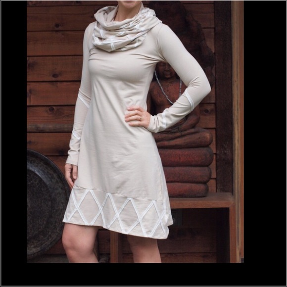 Beige and white diamond-trim hooded dress