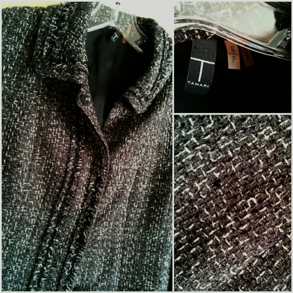 Tahari Woven Black & White Long Tweed Jacket sz S - Picture 3 of 4