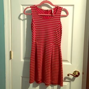 Red and taupe striped sundress zips up in back
