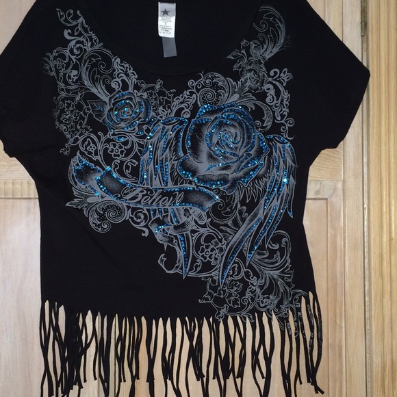 Black "Believe" fringe Shirt