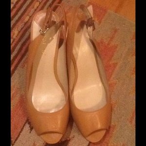 Nine West beige leather peep toe wedge shoe