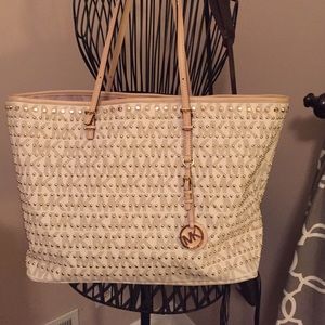 Michael Kors white studded monogram tote bag