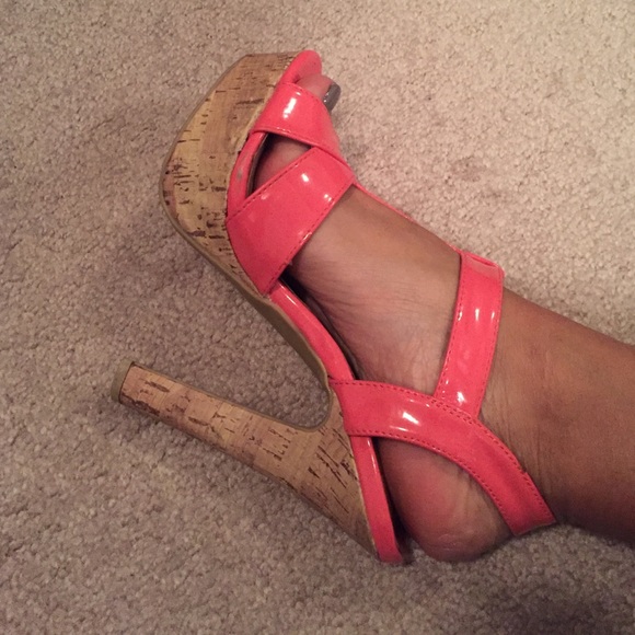 Madden Girl, neon peach pinkish platform heels
