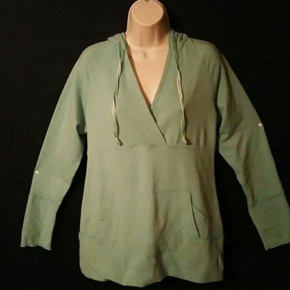Light green, deep V, hooded sweatshirt